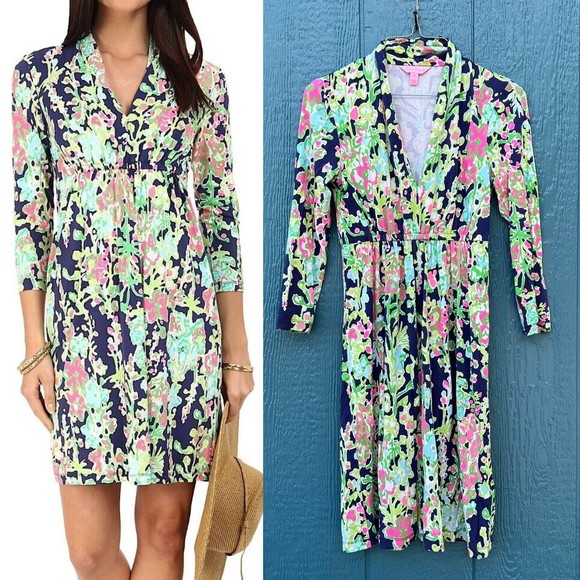 Lilly Pulitzer Alexandra Navy Southern Charm Mini Dress V Neck Size XS Rare - Picture 1 of 5